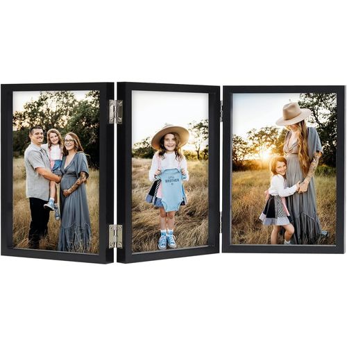 Cadre photo, 10 x 15 cm, noir, triple cadre photo, 10 x 15 cm, en bois, avec façade en verre, support pliable pour une installation verticale sur le bureau