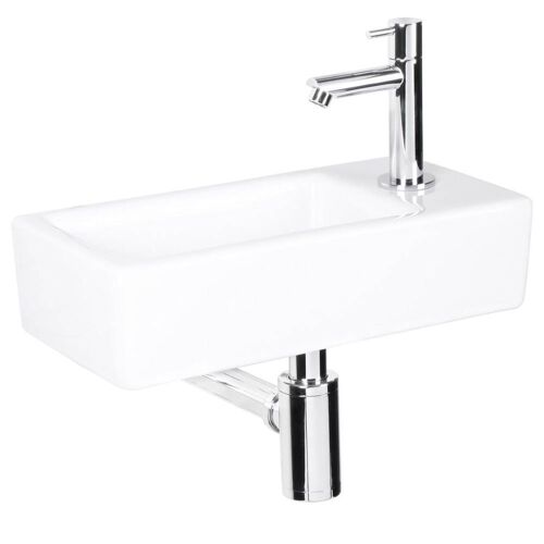 Differnz Helios Vasque à Poser ¿ Lavabo Salle de Bain 36x18x9 cm ¿ Vasque Céramique avec Robinet Droit Chrome ¿ Plan Vasque Compact pour WC ou Petite Salle de Bain