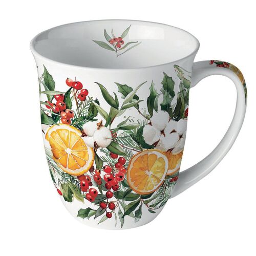 Mug En Porcelaine Fine Aux Agrumes Et Feuillages De Noël