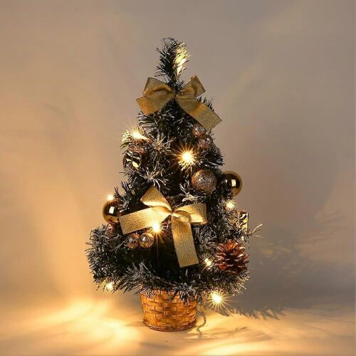 Petit arbre de Noël en or,mini pin de Noël artificiel de table avec des ornements lumineux à LED Edition