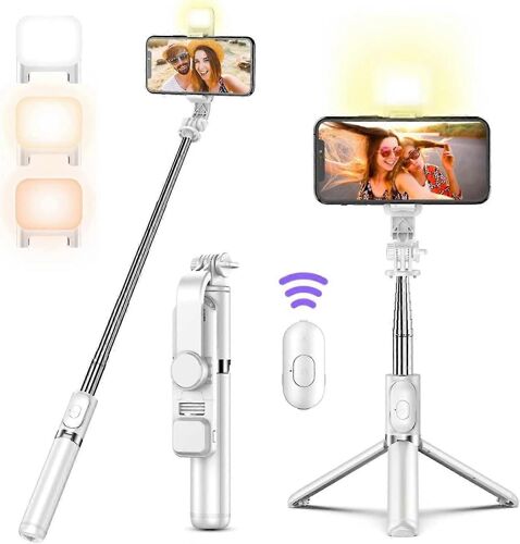 Trépied À Selfie Avec Lumière D'appoint,Perche À Selfie Bluetooth Légère Extensible - Blanc