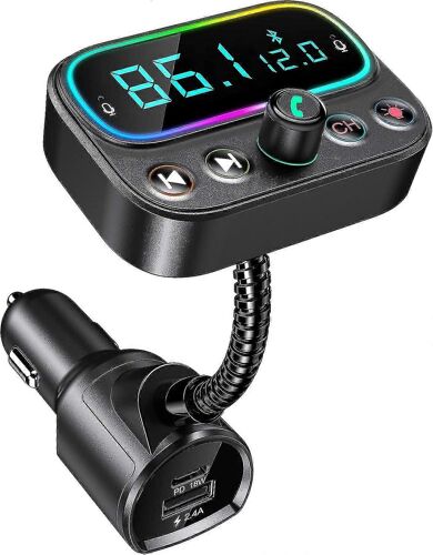 Émetteur Bluetooth 5.0 Fm De Voiture,Chargeur De Voiture Rapide Usb-C 18w,Adaptateur De Voiture Bluetooth Récepteur Radio,Rétroéclairage Multicolore,Deux Ports Usb,Sortie Auxiliaire,D