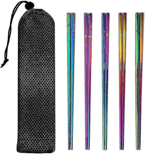 Baguettes Ensemble De 5 Paires Avec Sac,Baguettes Réutilisables Lourdes Allant Au Lave-Vaisselle,Ensemble De Baguettes En Acier Inoxydable En Métal 304,9.05inc