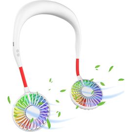 Ventilateur de cou, ventilateur USB, silencieux, 3 vitesses, lumière LED, ventilateur portable pour l'extérieur, l'intérieur, le camping, les voyages, le sport, blanc et rouge