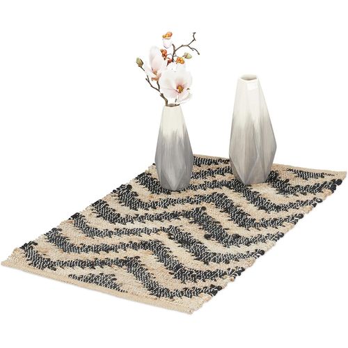 Few-Tapis De Couloir, Coton Et Jute, 50 X 80 Cm, Antidérapant, Tissé Main, Carpette Cuisine, Zigzag, Beige-Noir