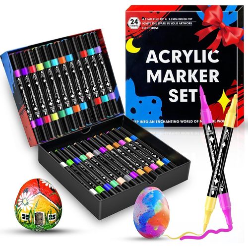 Kalanka-24 Couleurs Feutres Acrylique Coloriage Adulte,Feutre Peinture Acrylique, Séchage Rapide & Anti-Taches, Non Toxiques & Sans Odeur, Pour Pierre/Bois/Verre/Tissu | Artistes & Bricoleurs
