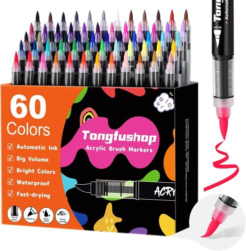 48 Couleurs Feutre Acrylique, Stylo Acrylique À Pointe Pinceau Pour Coloriage Adulte, Marqueur Peinture Acrylic Markers À Base D'eau Pour Pierre, Bois, Toile, Verre, Céramique, Plastique