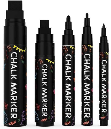 5 Stylos À Craie Noirs - Marqueurs Noirs Pour Tableau Noir, Fenêtres, Verre, Plastique, Toile | Pack De Variétés - Pointes Fine Et Géante (1 Mm, 3 Mm, 6 Mm, 10 Mm, 15 Mm)