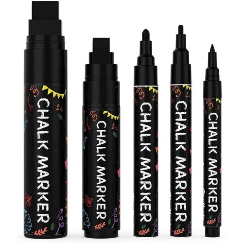 5 Stylos À Craie Noirs - Marqueurs Noirs Pour Tableau Noir, Fenêtres, Verre, Plastique, Toile | Pack De Variétés - Pointes Fine Et Géante (1 Mm, 3 Mm, 6 Mm, 10 Mm, 15 Mm)