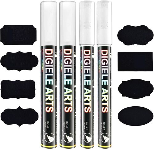 Kalanka-Marqueur Craie, 2 Pièce Marqueurs Craie 3mm + 2 Pièce Feutre Craie Liquide Blanc 6mm + 16 Etiquettes, Pointe Réversible Ogive Fine Ou Biseau, Effaçage Avec Chiffon Humide Ou Sec