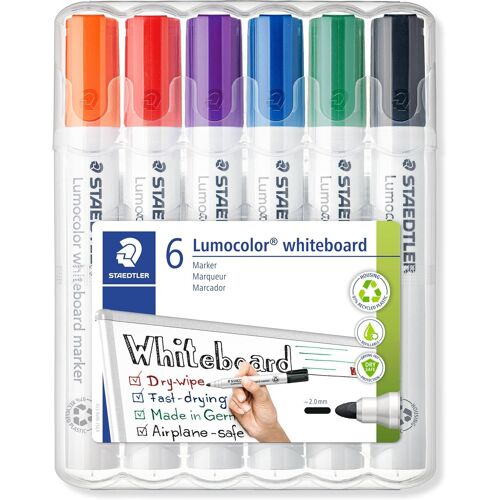 Kalanka-Lumocolor 351, Marqueurs Pour Tableau Blanc Effaçables À Sec, Sans Xylène Ni Toluène Et Quasi-Inodore, Pointe Ogive De 2 Mm, Étui Chevalet Avec 6 Couleurs Assorties, 351 Wp6