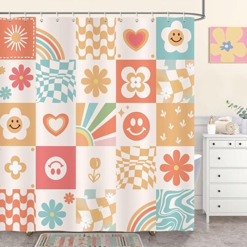 Cmjaagur-Rideau De Douche Rétro Mignon Fleurs Abstrait Groovy 70s Tissu Polyester Anti Moisissure Imperméable Lavable Rideaux Salle De Bain 180 X 180 Cm Avec 12 Crochets Pour Baignoire[M2222]
