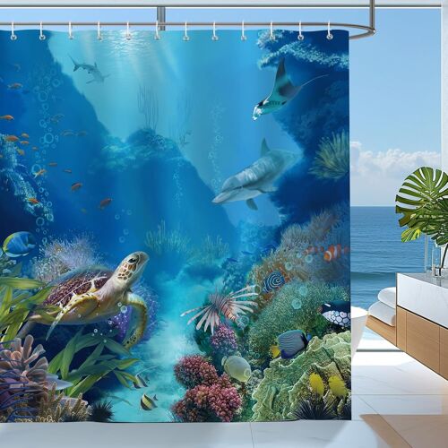 KALANKA-Rideau de Douche Monde sous Marin Océan Bleu Tortue Mer Rideau de Bain Tissu Polyester Anti Moisissure Imperméable Lavable Rideaux Salle de Bain 180 x 180 cm avec 12 Crochets pour Baignoire