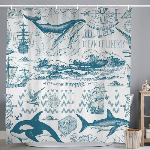 TIANYI-Rideau de Douche Maritime 180x200 cm, Voilier Nautique Maritime Boussole Animaux Marins Poulpe Requin Lavables Textile Rideau de Bain imperméable pour Baignoire avec 12 Crochets