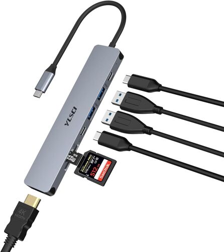 KAL-Hub Usb C, Adaptateur Usb C 7 En 1 Avec Hdmi 4K@30 Hz, Usb C 3.0, 2 Usb A 3.0, 100 W Pd, 2 Lecteurs De Cartes Sd/Tf Compatible Avec Macbook, Ipad, Surface Pro 8/7, Galaxy Tab