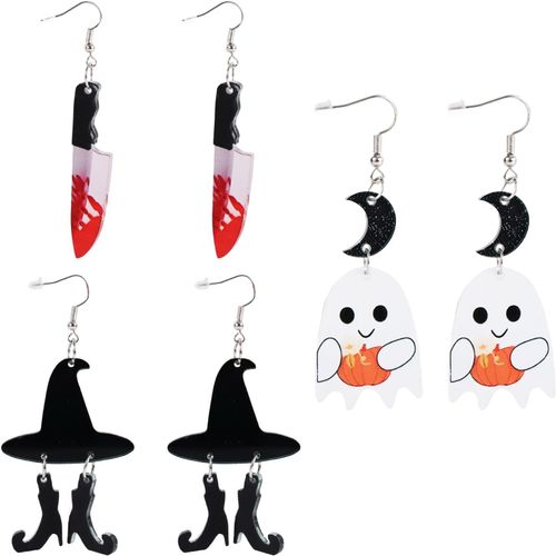 Chenquansarl-Boucles Doreilles Effrayantes Halloween Pour Femmes, Fantôme Mignon & Chapeau De Sorcière & Couteau Sanglant Boucles Gothiques Pour Fête Accessoires Halloween