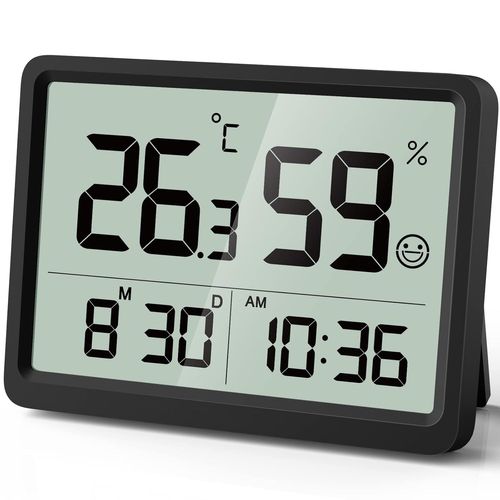 Thermomètre numérique Hygromètre d'intérieur: Petit moniteur de température et d'humidité avec grands chiffres LCD et heure date, Hgromètre précis et étalonnable pour Maison Garage (Noir)