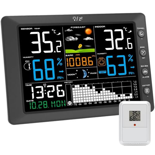 Station Météo Sans Fil avec Capteur Extérieur Grand Écran Couleur, Thermomètre Intérieur/Extérieur, Hygromètre, Prévisions Météo, Portée 100m, Pression Atmosphérique, Radio-Réveil DCF, Alarme