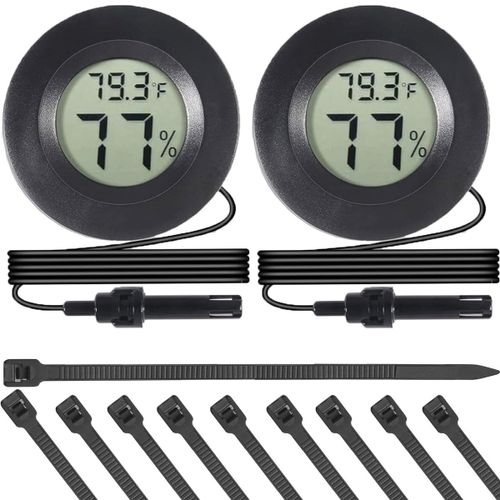 ASFASFq-JYUDAUFU 2 pièces Mini thermomètre hygromètre rond digital avec sonde avec sonde Affichage LCD de la température et de l'humidité avec attache-câble en nylon pour Incubateur Reptile Plant Ter