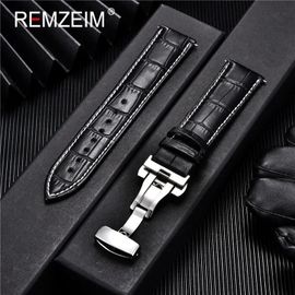 Rskal-Bracelet De Montre En Cuir Pour Hommes Et Femmes, 18mm 19mm 20mm 21mm 22mm 24mm, Fermoir Papillon Automatique, Accessoires De Montre|Black-W-S|18mm