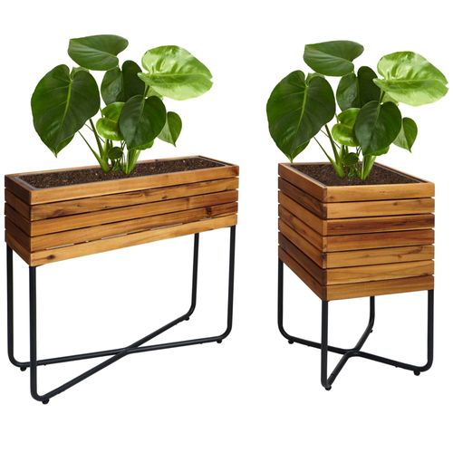 Lot De 2 Bacs À Fleurs Hwc-L25, Bac À Fleurs, Rectangulaire Carré Outdoor Acier Acacia Bois Certifié Mvg, Brun