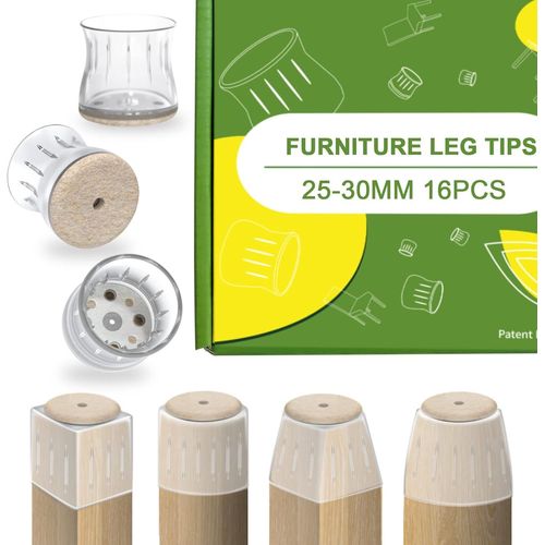 Protection Pied De Chaise Patins Pour Meubles Glisseur 16-Pièces,Silicone Rondes Embout De Chaise Avec Coussinets En Feutre Et Joint En Métal Pour Planchers De Bois Franc (Rond 25-30mm)