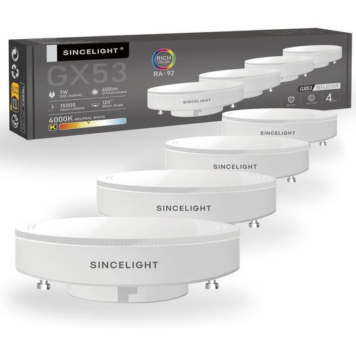 Yemaesre-Ampoules Led Gx53, 7w Réflecteur Dépoli, Équivalent 60w, Disque Lumière, Ra 92, Blanc Neutre 4000k, Pour Les Meubles De Cuisine, Les Vitrines, Les Éclairages Sous Étagères, 4 Pièces