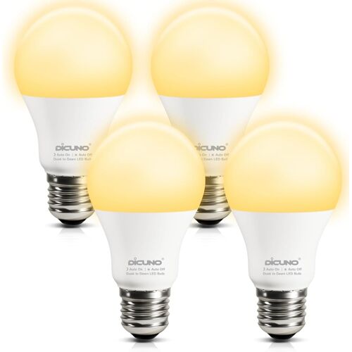 Ampoule Led Crépusculaire E27, 9w Ampoule Détecteur Crépusculaire Remplace 60w, Blanc Chaud 2700k, 800lm, Marche/Arrêt Automatique, Non Dimmable, Capteur De Luminosité Led Extérieur, 4 Pièces