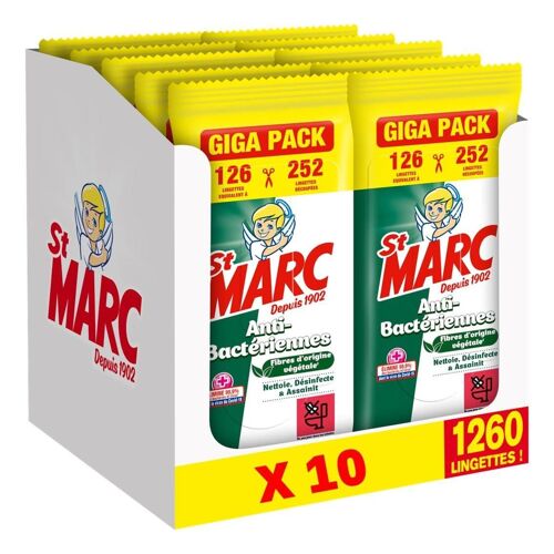 ST MARC Lot de 10 Lingettes nettoyante Désinfectante, Anti-Bactériennes, 126 lingettes
