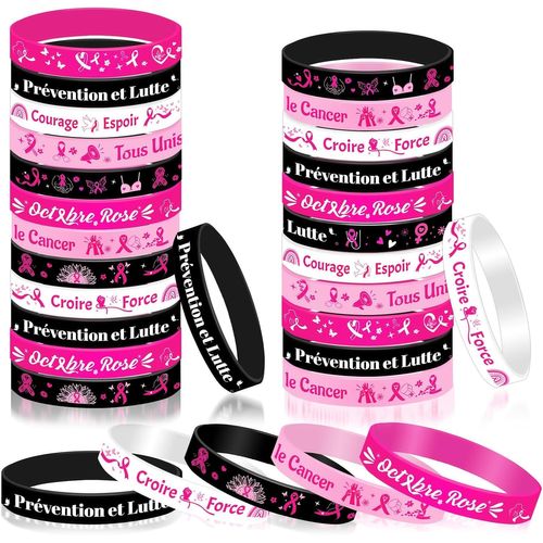 Kalsw-30xoctobre Rose Bracelets En Silicone Pour Sensibilisation Au Cancer Du Sein Octobre Rose Ruban Accessoires Goodies Cadeau,Lutte Croire Force Courage Espoir