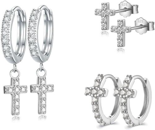 Kalanka-3 Paires Boucles D'oreilles Croix Boucles D'oreilles Argent 925 Pour Femme Homme Fille Clous D'oreilles Argent Zirconium Boucles D Oreilles Pendantes Croix Boucles D Oreilles Femme Créoles