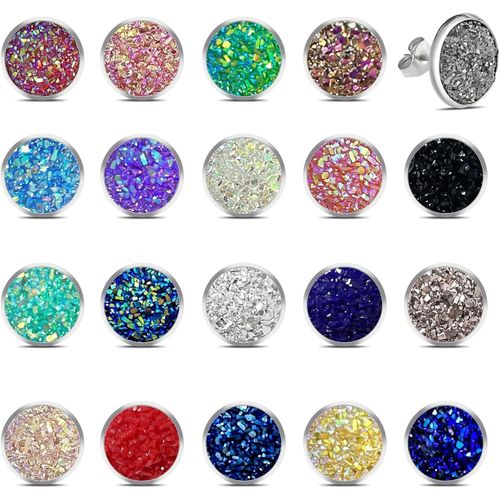 Meimie-Lot De 20 Paires De Boucles D'oreilles Clous D'oreilles En Pierres Précieuses Uzy|Boucles D'oreilles Rondes En Acier Inoxydable Pour Femme|Coffret Cadeau De Bijouxmulticolores