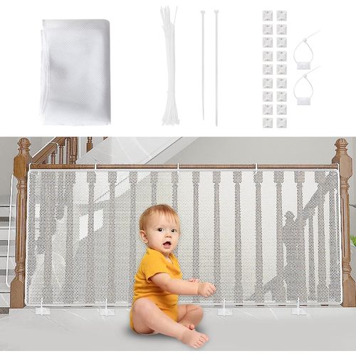 Filet De Sécurité Pour Enfants,Bébé Filet De Protection Pour Balcon Et Escalier,300lx90h Cm Robuste Réglable Clôture D'escalier Barriere De Securite En Maille Pour Chat Et Jouet,Blanc