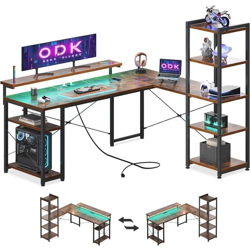 Yemaesre-Bureau D'angle Informatique Réversible De Avec Bibliothèque, Bureau Avec Long Support De Moniteur Réglable (Brun Vintage, 155cm Avec Led & 2 Pr S De Courant)