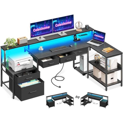 Ksfal-Bureau En L Avec Tiroirs,Bureau Réversible Avec Prise,Led&support Écran,Bureau Gaming D¿Angle Avec Rangement,175x100cm,Noir