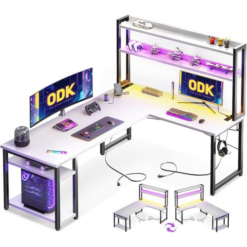 Yemaesre-Bureau Avec Led, 168×120 Cm Bureau Avec Étagère Réversible, Pr S Et Ports Usb, Bureaux D'angle Blanc Avec Compartiments Et Rangement