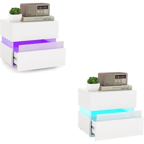 Costway Lot 2 Tables De Chevet Led 2 Tiroirs, Télécommandée 22 Modes 5 Luminosités 10 Vitesses, Acryliques, 45 X 35 X45cm, Blanc