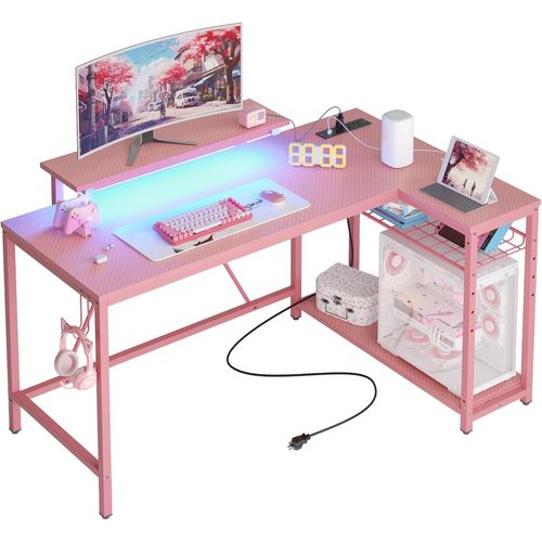 Ksfal-Petit Bureau Gaming En L 132 Cm¿Avec Prise,Port Usb,Led,Étagère&support Moniteur,Réversible Pour Chambre Ou Setup Gamer,Rose