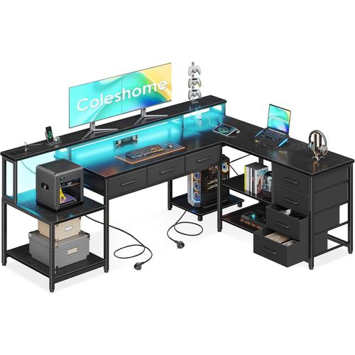 Yemaesre-Bureau De Jeu Avec Éclairage Rgb Led, Bureau D'angle Avec 7 Tiroirs & Grand Espace De Rangement (Noir, 179.5×135.5cm)