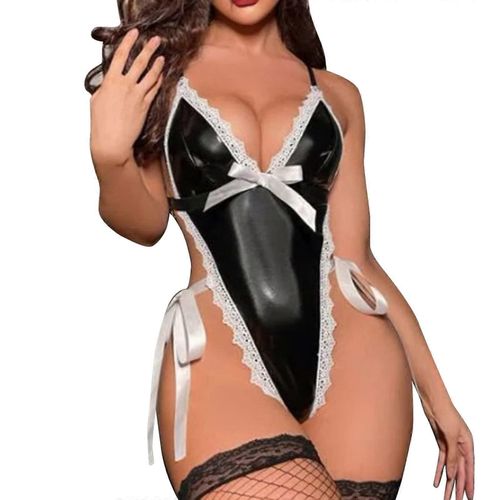 Lingerie En Latex Pour Femme Body, Ensemble Laqué Et Cuir, Sous-Vêtements Sexy, Lingerie Effet Mouillé, Vêtements De Nuit Érotiques, Babydoll 01 Noir S
