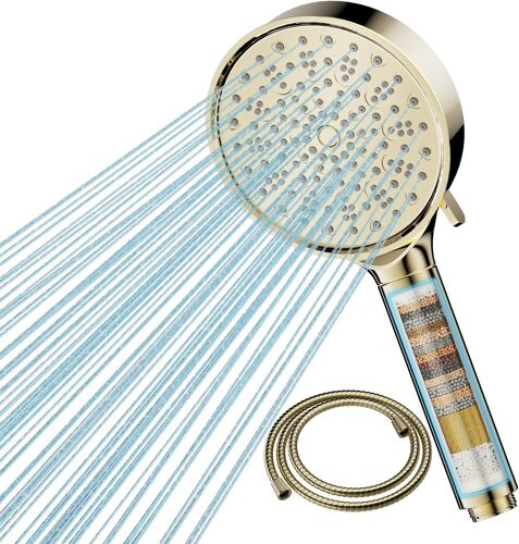 Filtre Pommeau de douche Anti Calcaire avec 20 Étapes Filtre et avec Tuyau 1,5M, 6 Types de Jets Pommeau Économie Deau Haute Pression, Or
