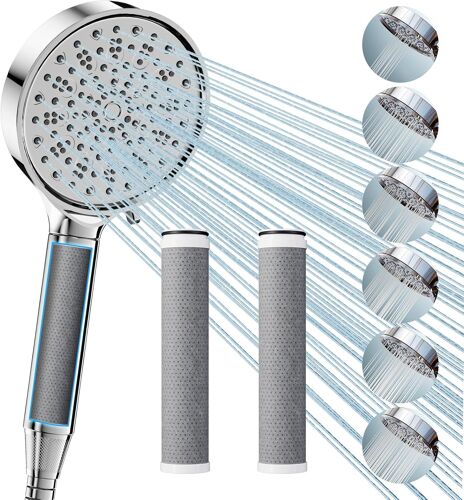 Pommeau de douche avec filtre anti-calcaire pour eau dure, douchette à main avec 3 filtres en carbone, 3 types de jets, haute pression, élimine 99 % du chlore