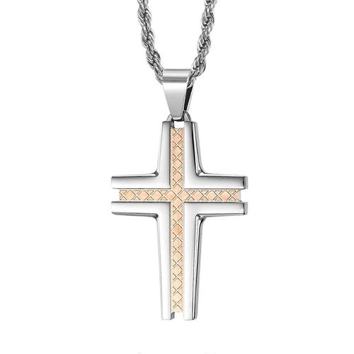Collier Avec Pendentif Croix Simple Et Lisse En Acier Inoxydable Pour Homme, Couleur Or Rose.