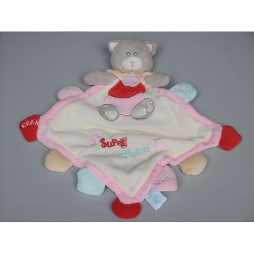 Doudou Chat Plat Gris Blanc Rose Super Doudou Baby Nat'