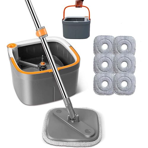 Balai À Franges Et Seau Avec 6 Tampons De Vadrouille Remplaçables En Microfibre Avec Système D'Auto-Séparation De L'Eau Sale Et Propre,Tête De Vadrouille Carrée Rotative À 360°
