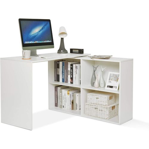 Yemaesre-Bureau D'angle, Bureau D'ordinateur En L Avec 4 Étagères Angulaire Réversible, Pour Bureau Salle De Séjour Bureau, 106 X 106 X 74,5cm, Blanc