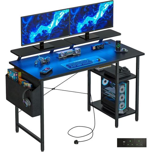 Yemaesre-Bureau De Jeu Avec Lumières Del Et Pr S De Courant, Bureau D'ordinateur Réversible Avec Étagères De Rangement, Petit Bureau D'angle, Pour Bureau À Domicile Et Étude, 100 X 50 Cm, Noir