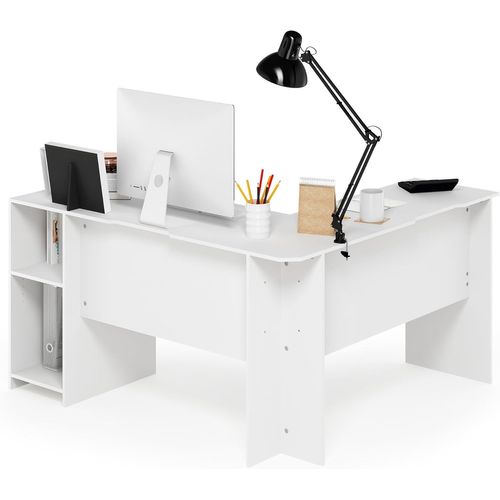 Yemaesre-Shape Indo L-Shaped Bureau Avec Étagères, Blanc, Bois, One Size