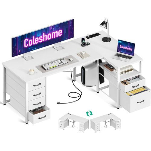 Yemaesre-Bureau D'angle Avec Tiroirs En Tissu, Réversible Bureau En L Avec Tiroir Classeur, Bureaux Ordinateur Avec Port De Chargement Usb Et Pr De Courant, Bureaux À Domicile (Blanc, 140x70cm)