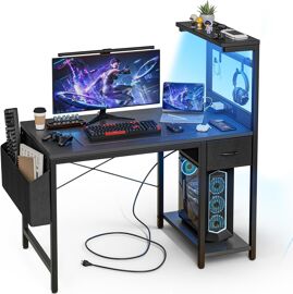 SUBZONAL-Bureau Gaming LED, 100x50 cm Bureau d'Ordinateur avec Étagères Réversibles, Tiroir de Stockage, Prise Murale Intégrée, Design Moderne pour Maison et Bureau Noir